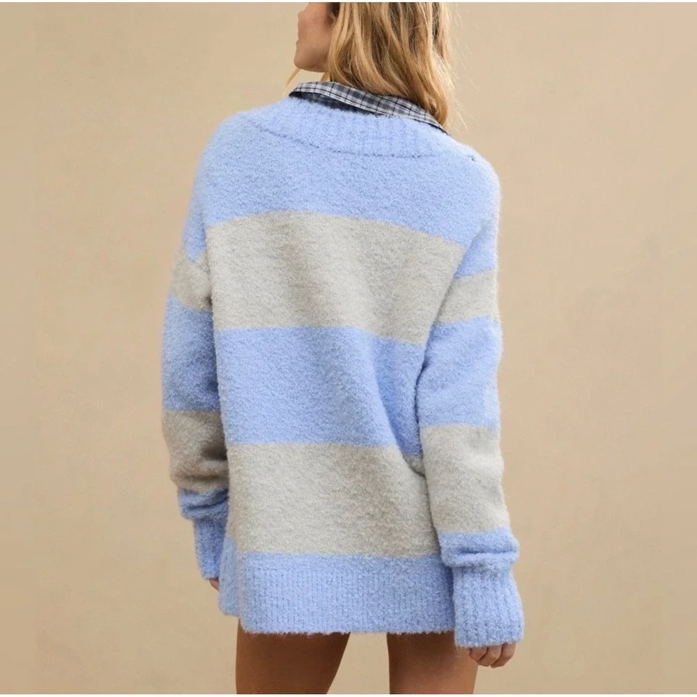 Aerie Teddy Boucle Striped Fuzzy V Neck Sweater Ocean Sky Blue Cozy Oversized XS